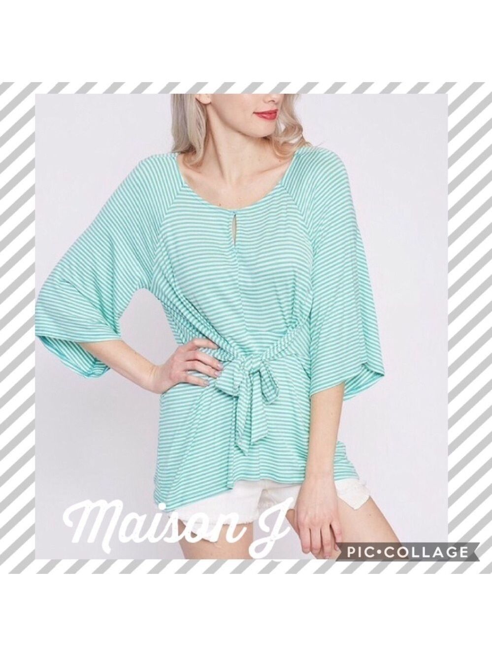 VINE AND LOVE Mint Green White Stripe Scoop Neck 3/4 Sleeve Tie Front Top